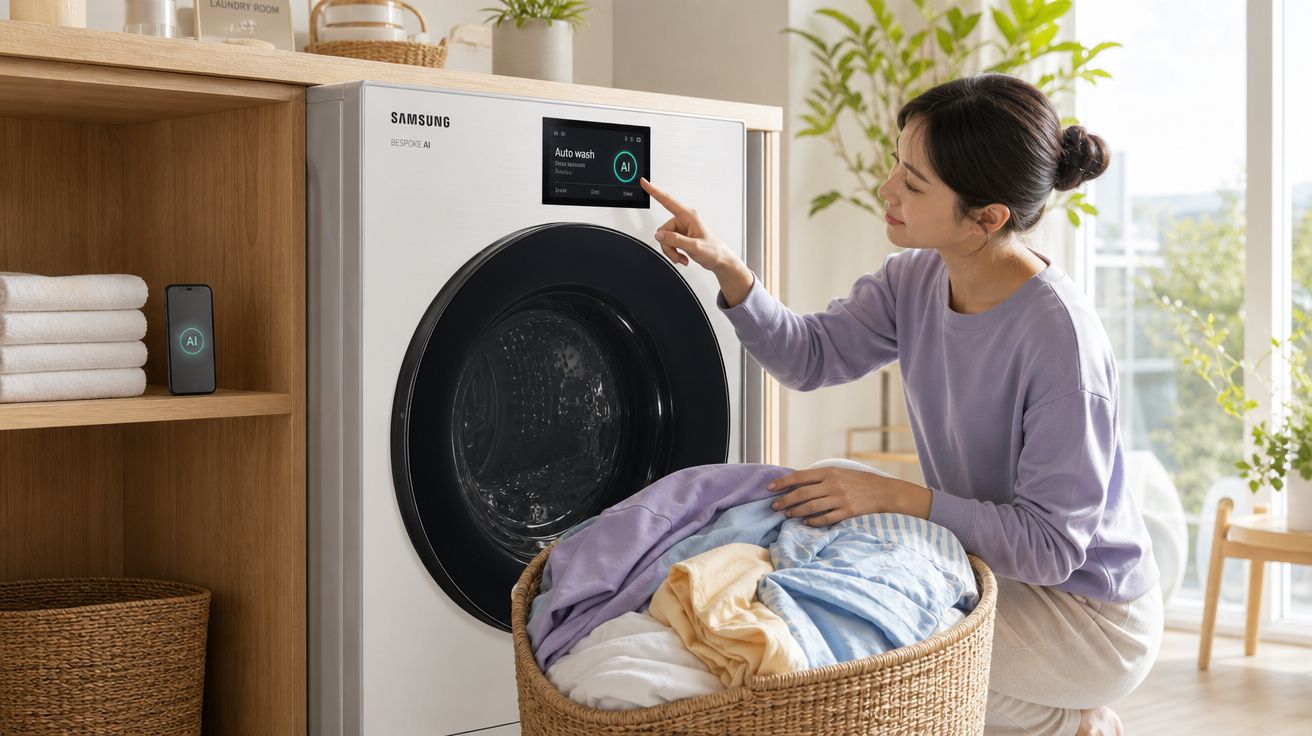Mulher seleciona ciclo de lavagem em máquina de lavar Samsung com cesta de roupas na lavanderia iluminada.