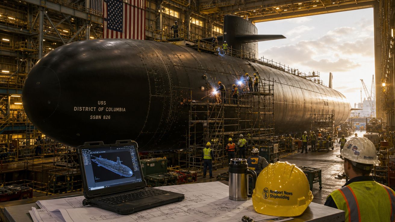 Submarino USS District of Columbia em construção dentro de estaleiro com trabalhadores e equipamentos ao redor.