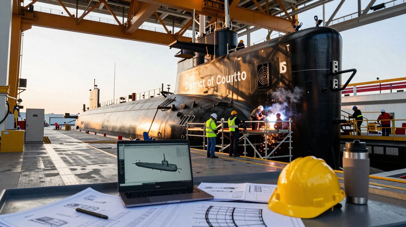 Submarino no estaleiro com trabalhadores em segurança realizando soldagem e desenhos técnicos em primeiro plano.