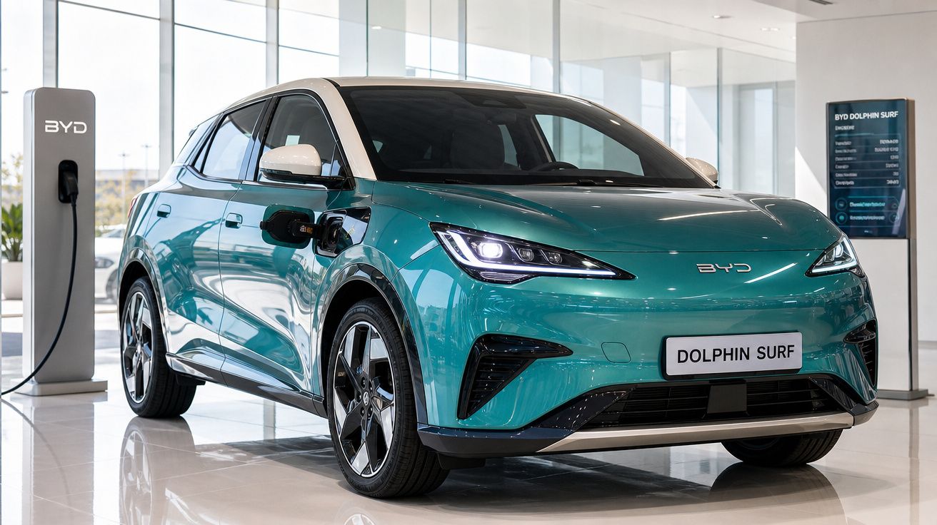 Carro elétrico BYD Dolphin Surf azul abastecendo em carregador em showroom moderno e iluminado.
