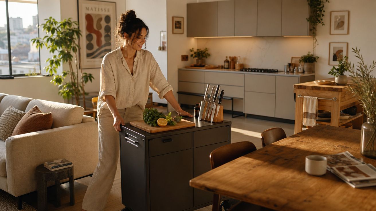 Mulher sorrindo preparando alimentos em ilha móvel na cozinha moderna com decoração aconchegante e iluminação natural.