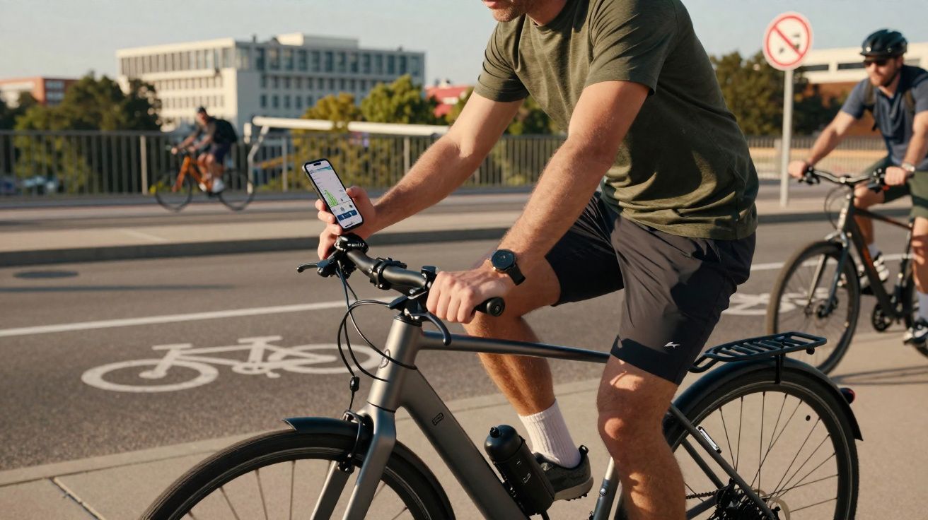 Homem de camiseta verde andando de bicicleta e usando celular em ciclovia urbana em dia ensolarado.