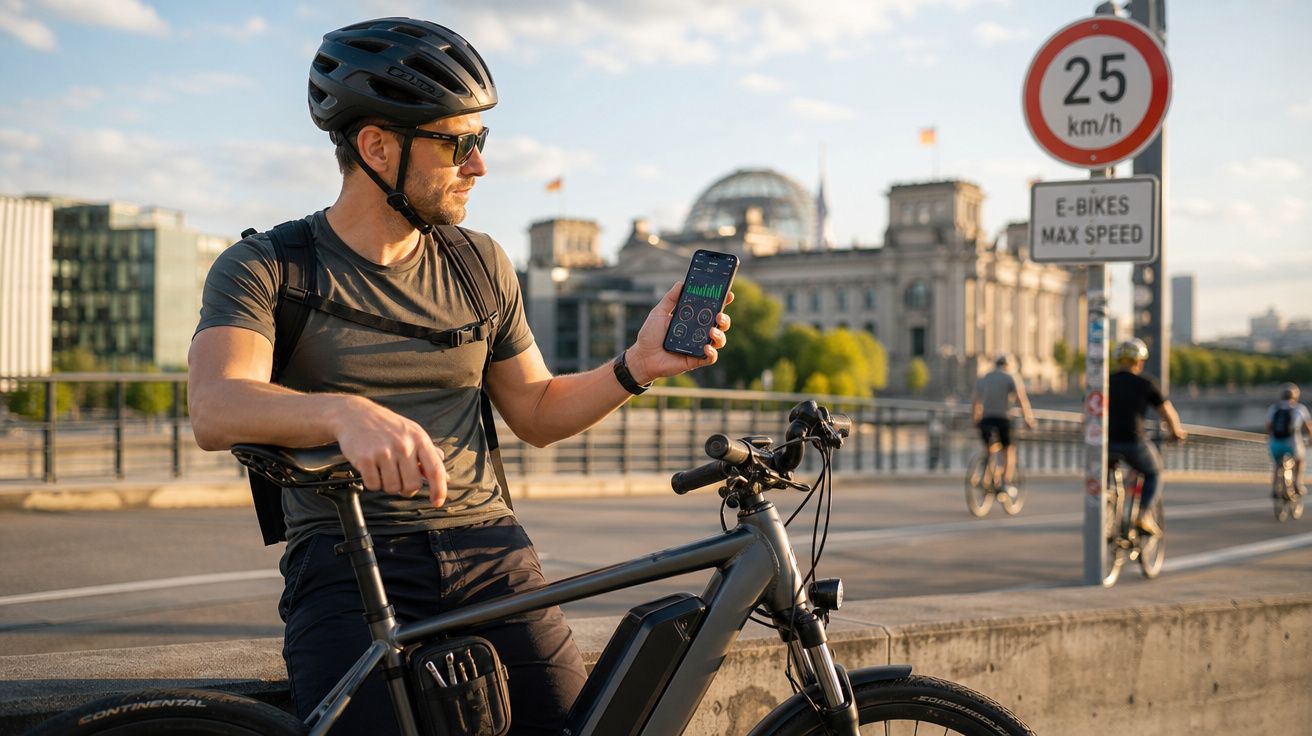Homem de capacete segura celular mostrando aplicativo ao lado de bicicleta elétrica em ponte urbana ensolarada.