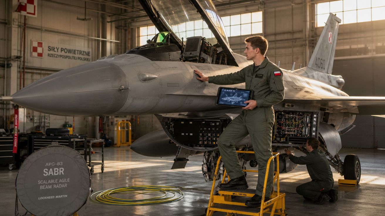 Militar em uniforme verifica jato de combate em hangar, segurando tablet com esquema da aeronave.