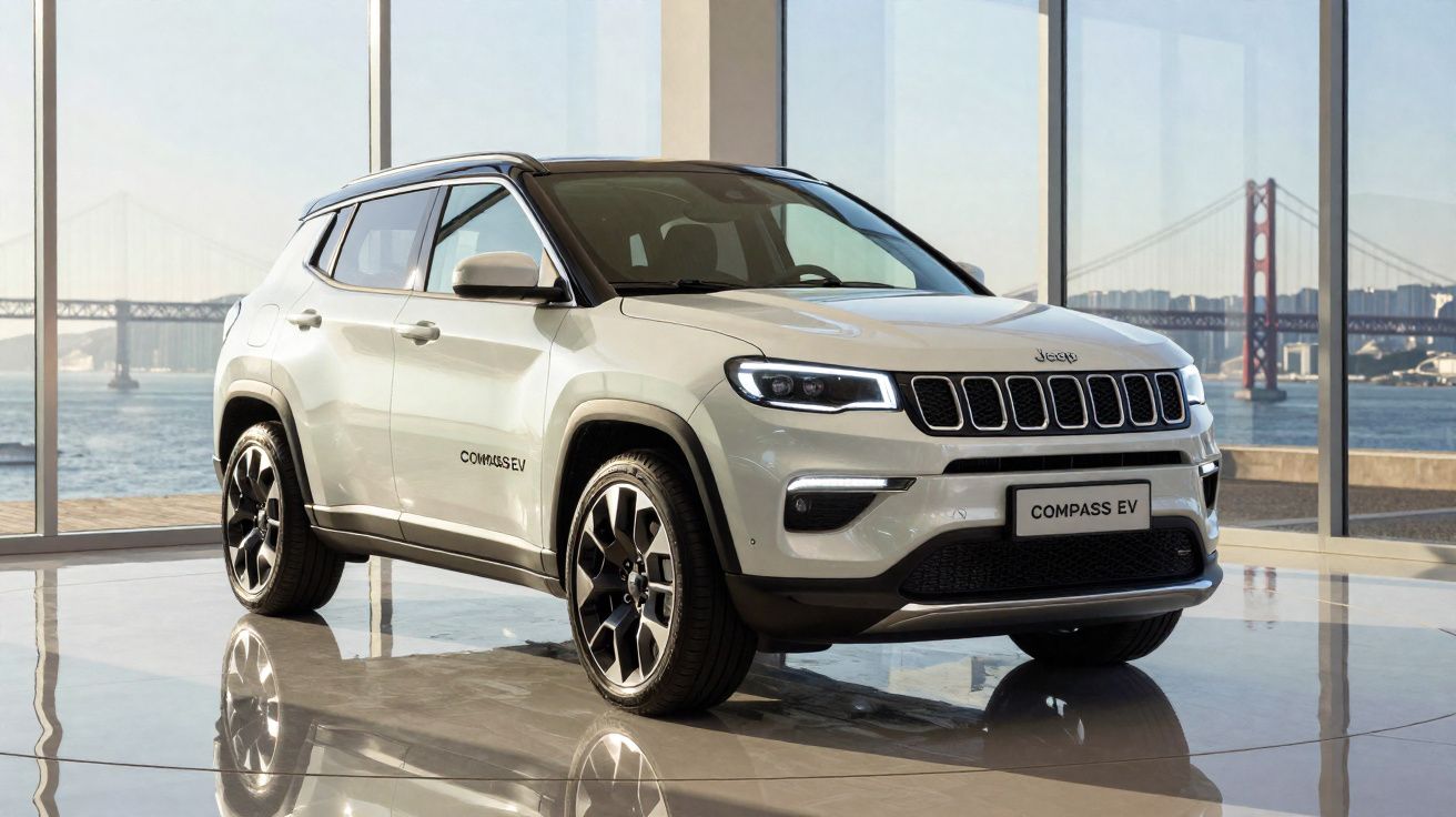 Jeep Compass EV branco estacionado em showroom com janela e vista de ponte ao fundo.