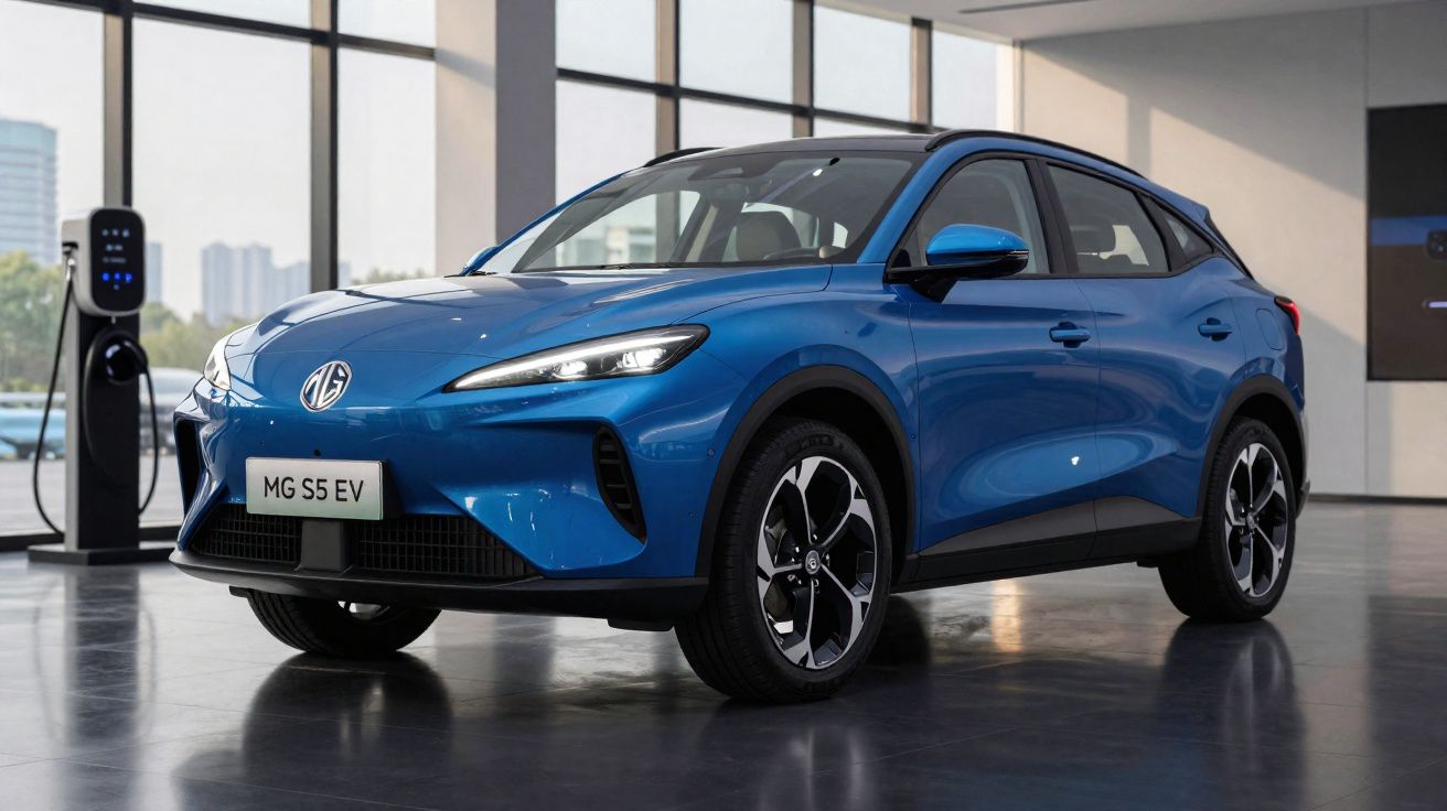 Carro elétrico azul MG S5 EV estacionado em showroom moderno com parede de vidro e estação de recarga.
