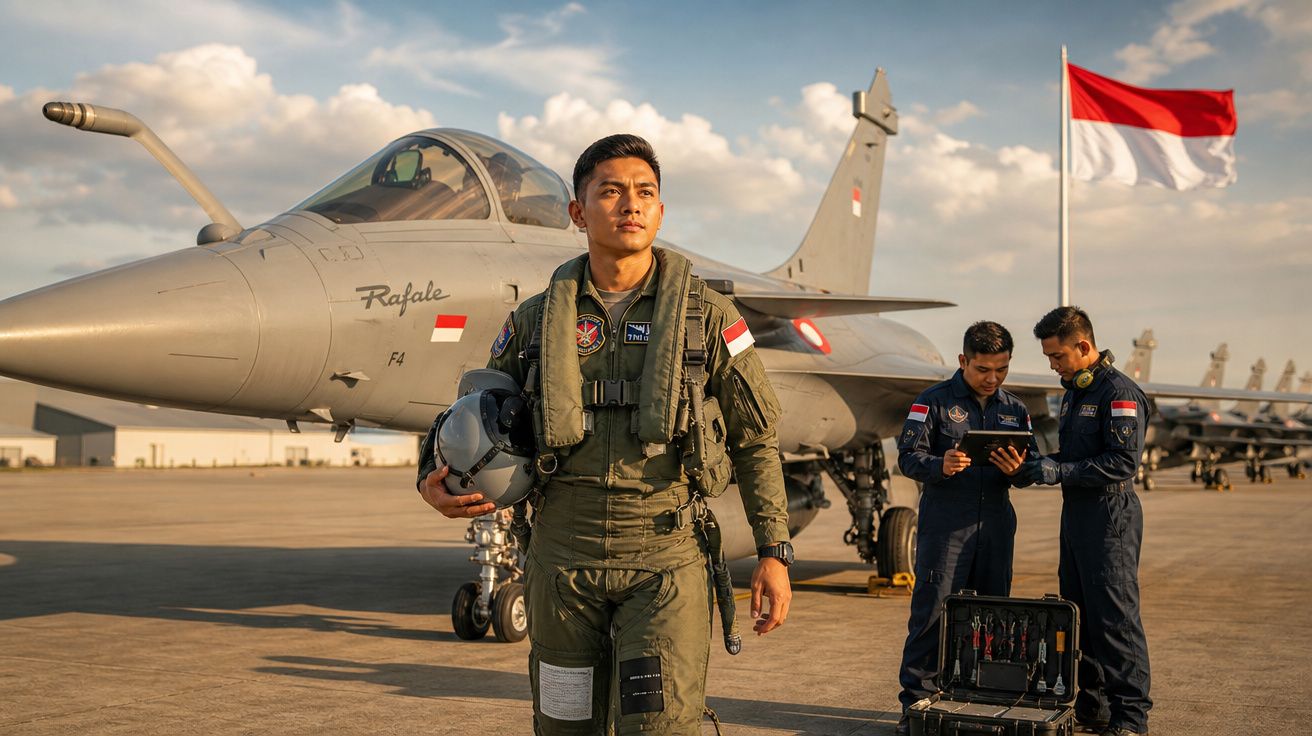 Piloto militar em uniforme com capacete na mão em pista ao lado de caça Rafale e equipe sob bandeira da Indonésia.