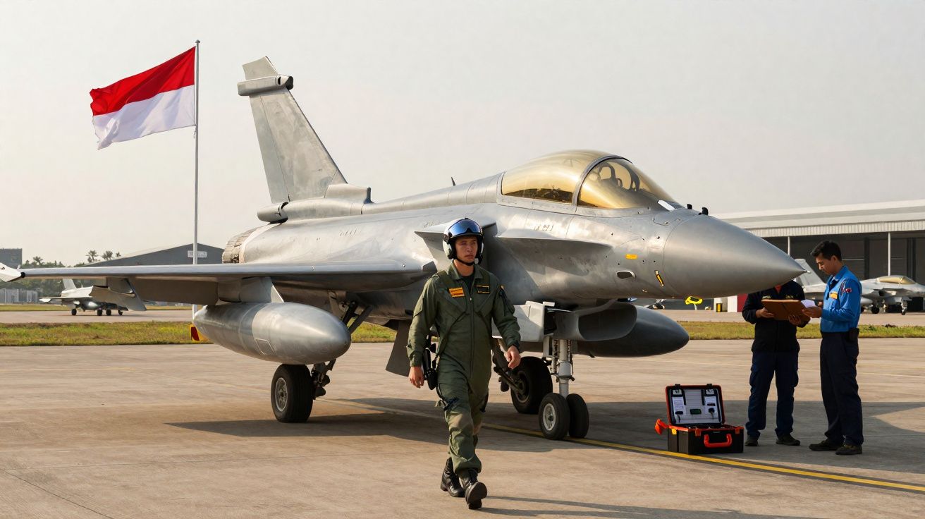 Caça militar estacionado com piloto caminhando e bandeira da Indonésia ao fundo em base aérea.