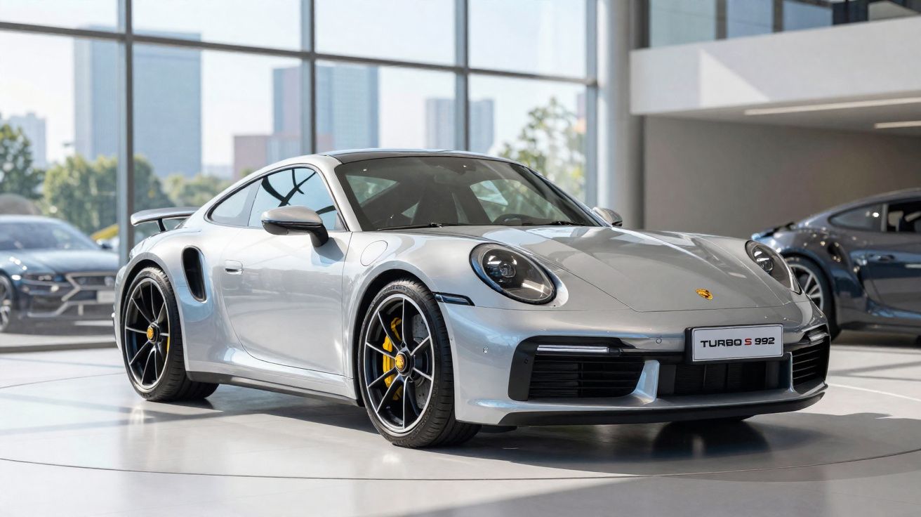 Carro esportivo prata Porsche Turbo S 992 exibido em showroom moderno com vidros amplos ao fundo.
