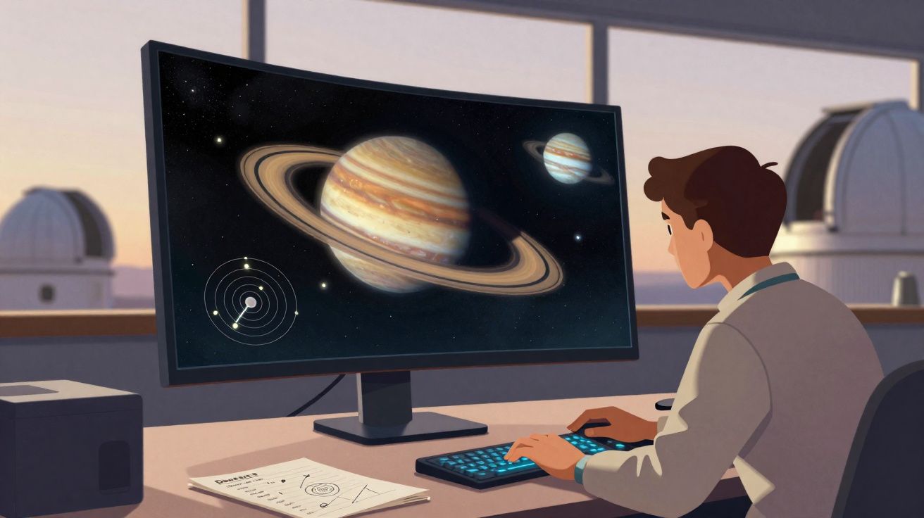 Homem analisando imagens planetárias de Saturno e Júpiter em computador dentro de observatório astronômico.