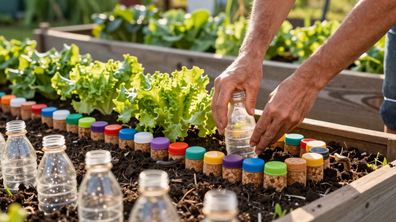 Pessoa regando horta com alfaces e garrafas PET cortadas usadas para proteção das plantas.