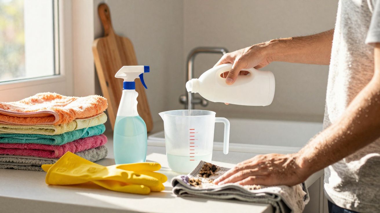 Pessoa despejando líquido em um copo medidor próximo a toalhas, luvas amarelas e spray de limpeza.