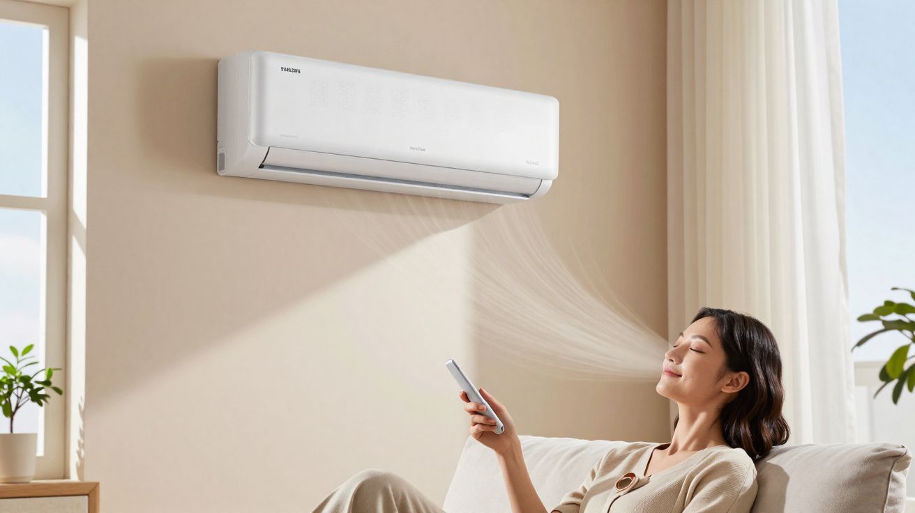 Mulher relaxando no sofá com ar-condicionado Samsung ligado e segurando controle remoto.