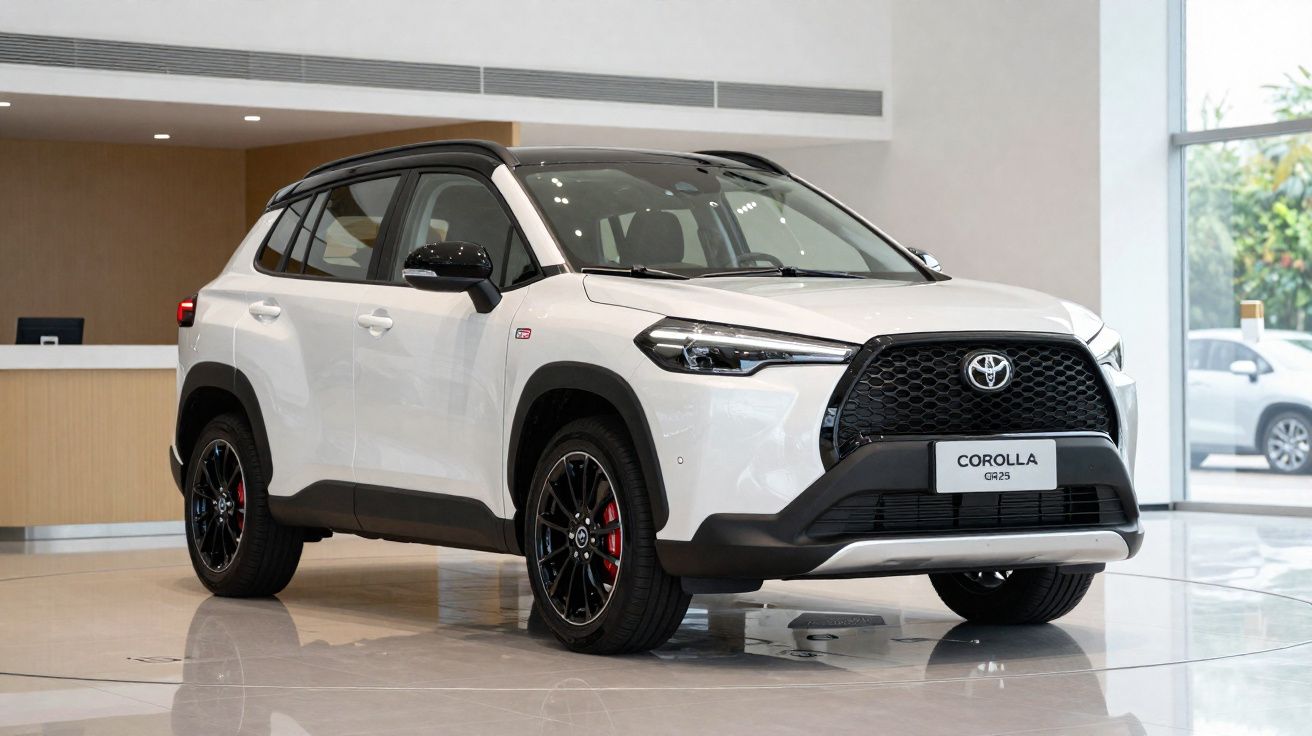 Carro Toyota Corolla Cross branco exposto em showroom com rodas pretas e teto preto.