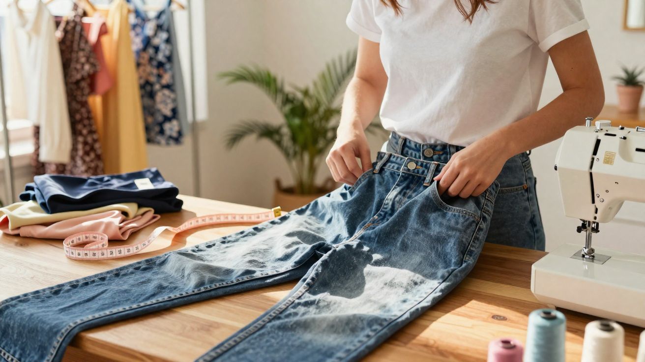 Pessoa ajustando calça jeans sobre bancada de madeira com máquina de costura e roupas ao fundo.