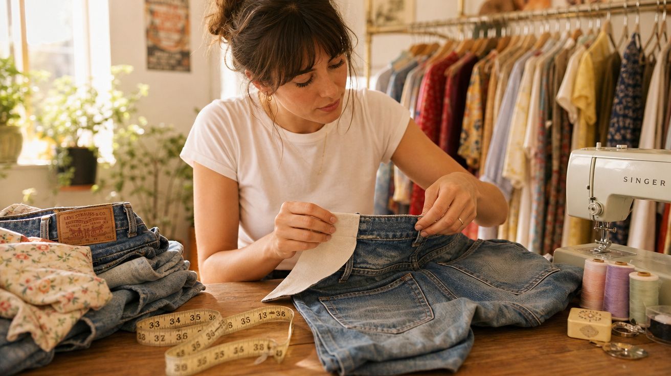 Mulher costurando um remendo em short jeans em ateliê com máquina de costura e roupas ao fundo.