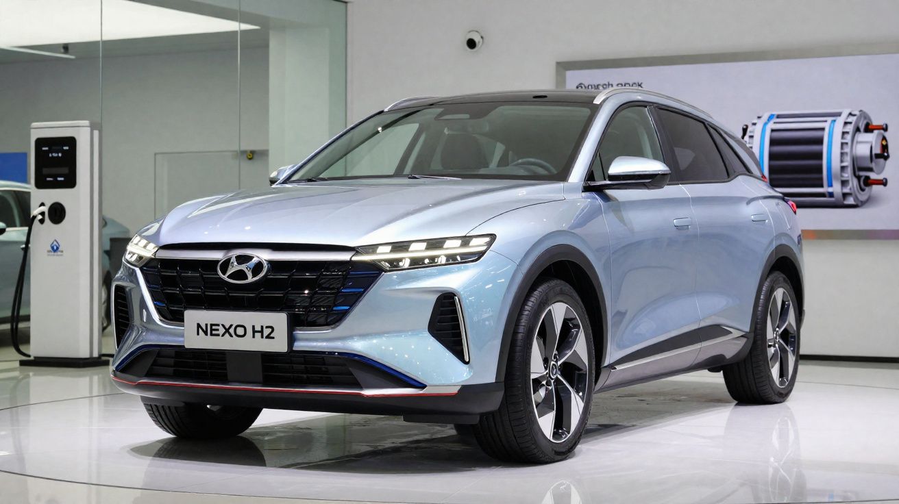 Carro Hyundai Nexo H2 azul em exposição com carregador de energia ao lado, em ambiente interno.