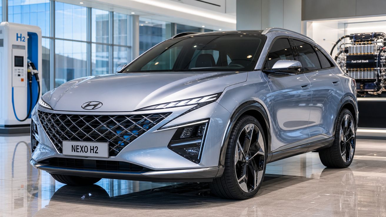 Carro Hyundai NEXO H2 prata em exposição interna com estação de abastecimento de hidrogênio ao fundo.
