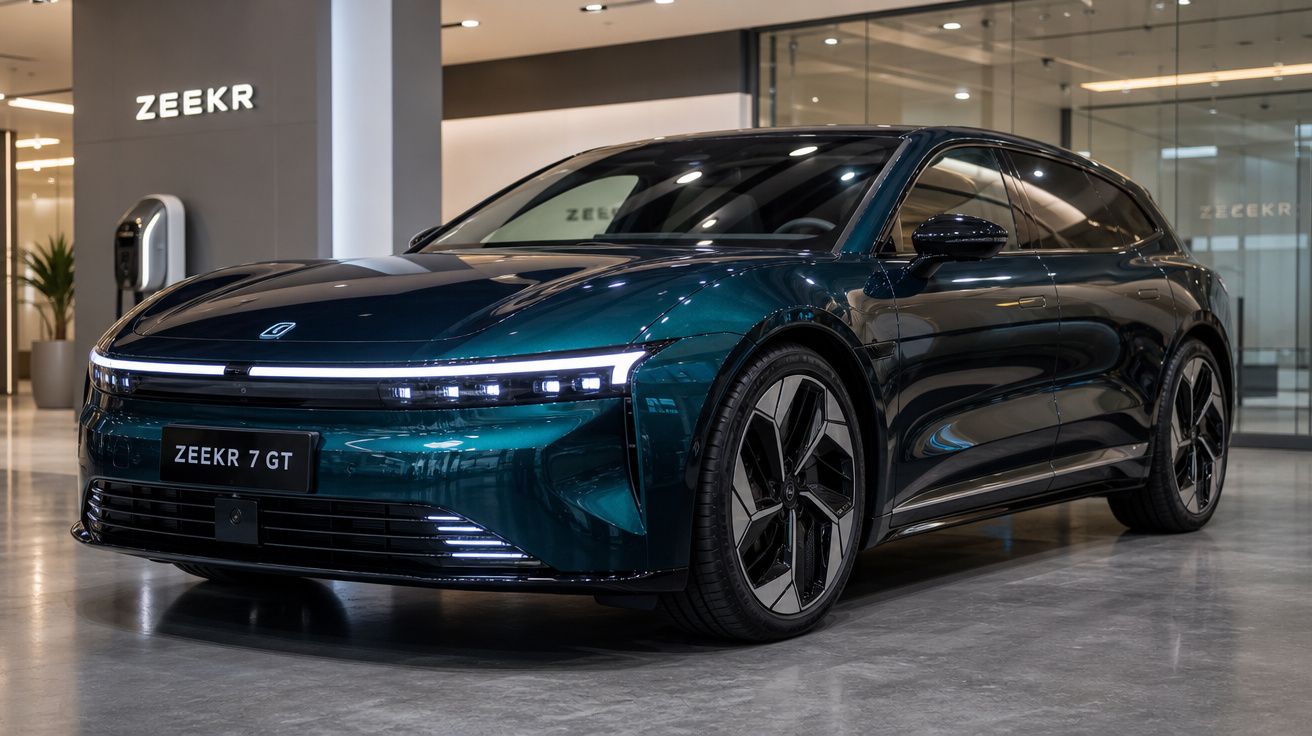 Carro elétrico Zeekr 7 GT verde com design moderno em showroom elegante.