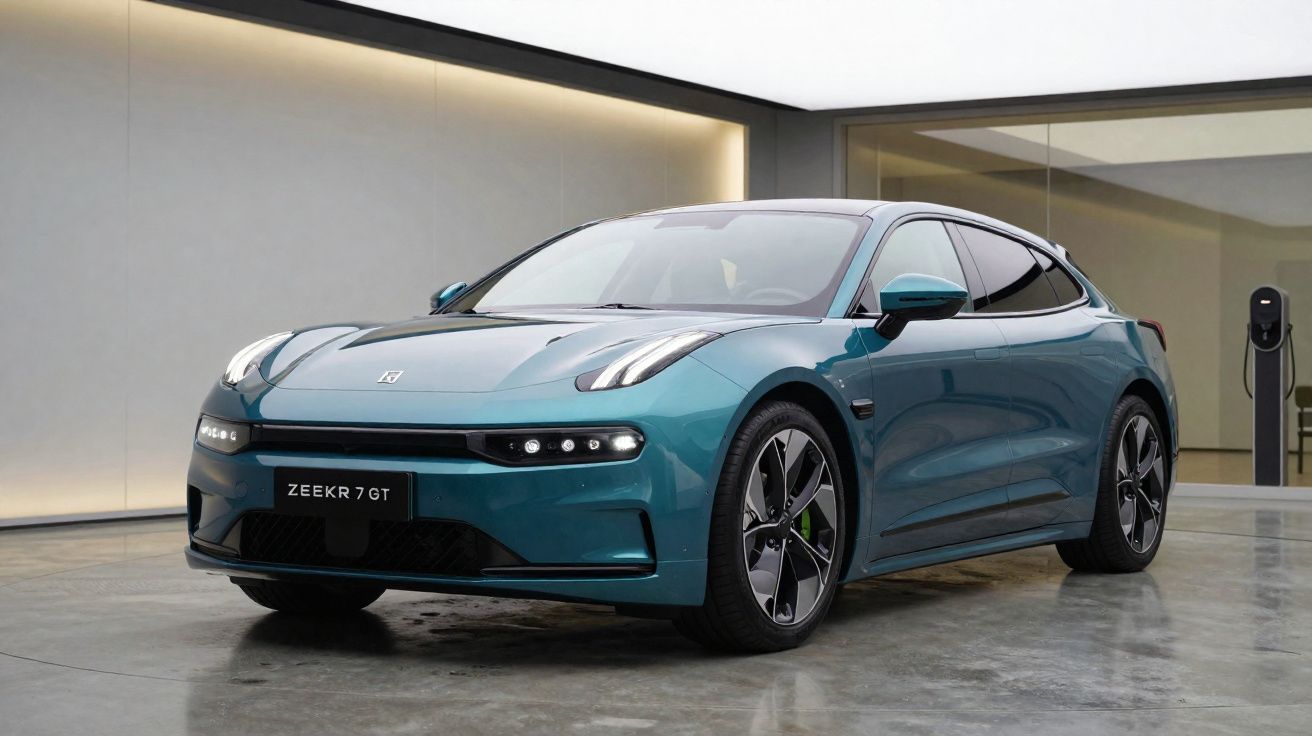 Carro elétrico esportivo Zeekr 7 GT azul estacionado em ambiente interno moderno e iluminado.
