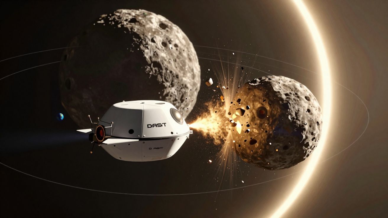 Nave espacial DART colidindo com asteroide em missão para desviar sua órbita no espaço sideral.