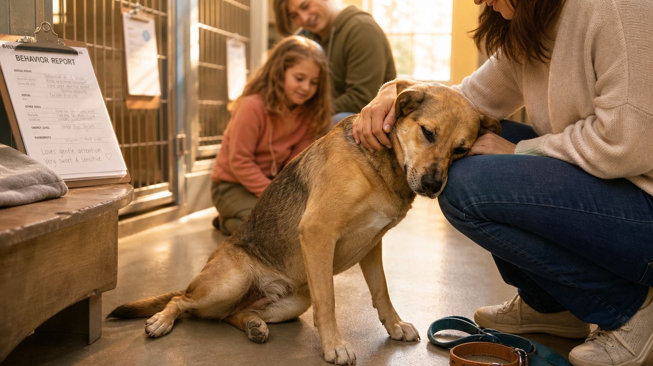 Mulher abraça cachorro em abrigo, com criança e homem sorrindo ao fundo.