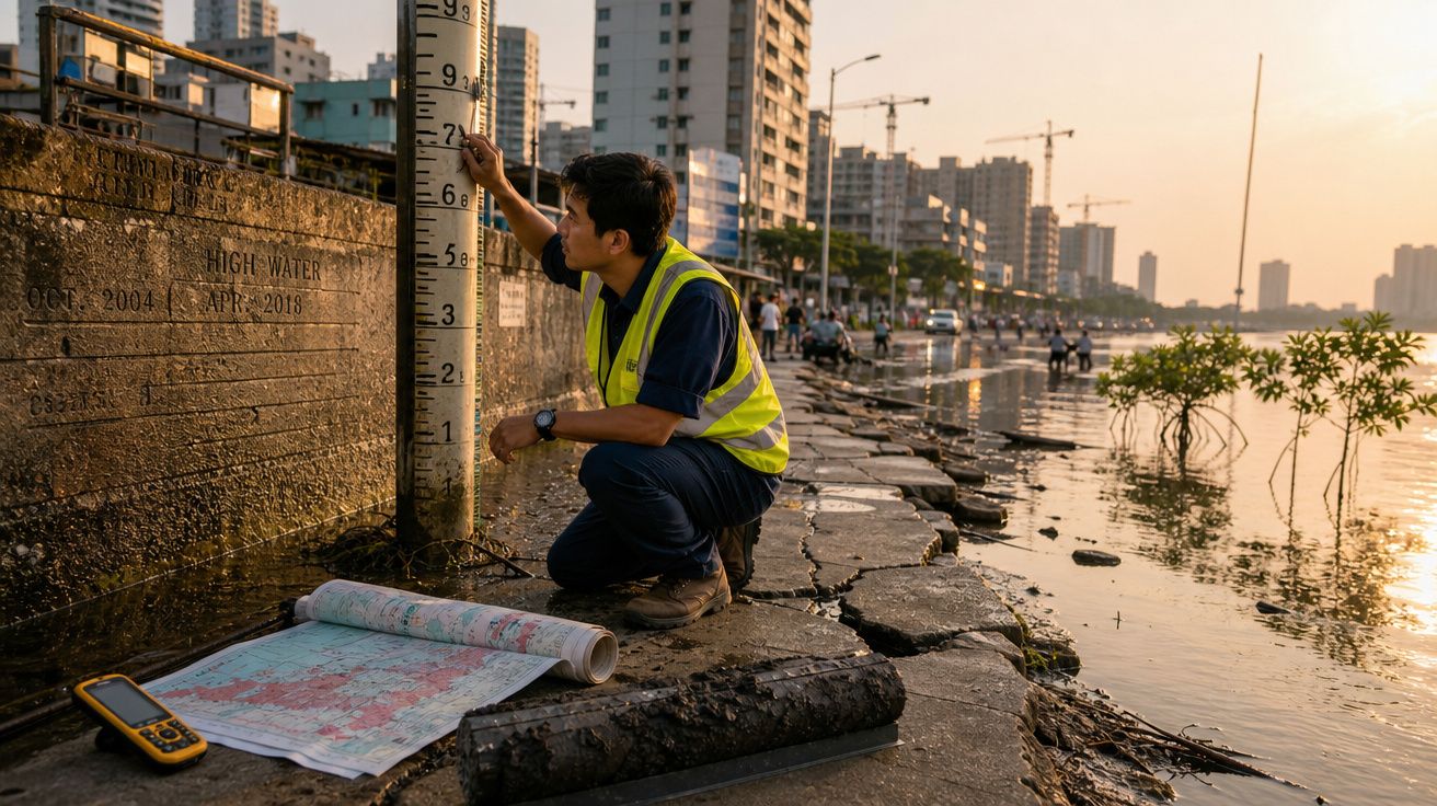 Homem com colete refletivo mede nível da água em área urbana alagada ao pôr do sol.