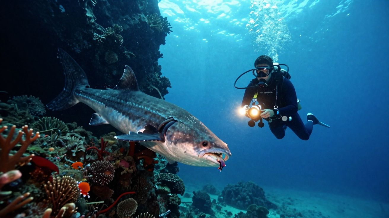 Mergulhador com câmera subaquática iluminando grande peixe próximo a recife de corais coloridos.