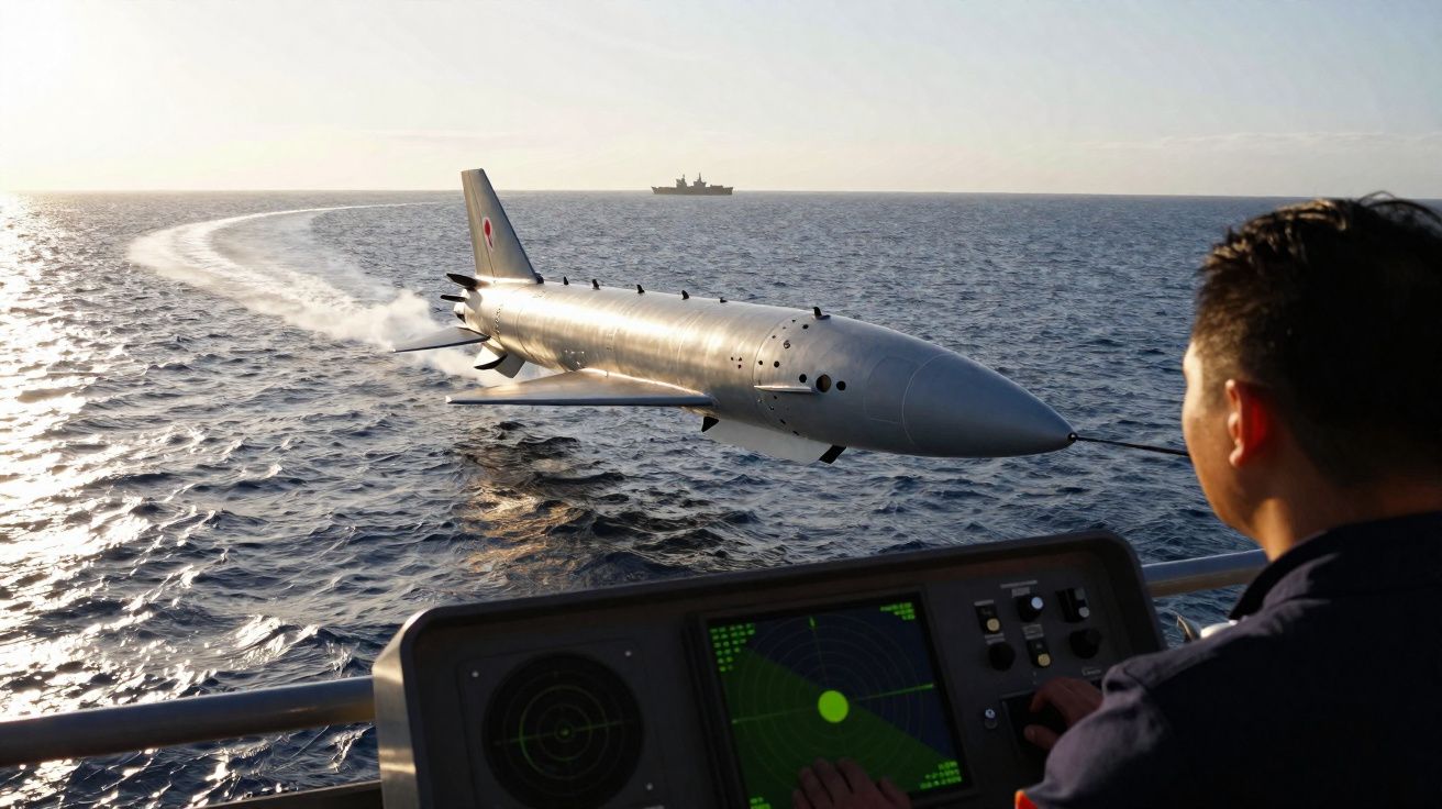 Homem operando controle em navio enquanto torpedo viaja sobre o mar ao entardecer.