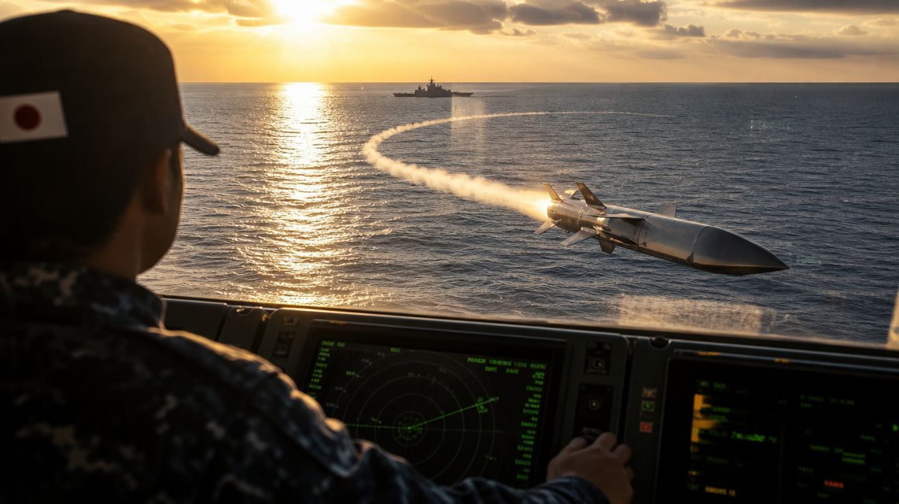 Militar em navio de guerra observa míssil sendo lançado sobre o mar ao pôr do sol.