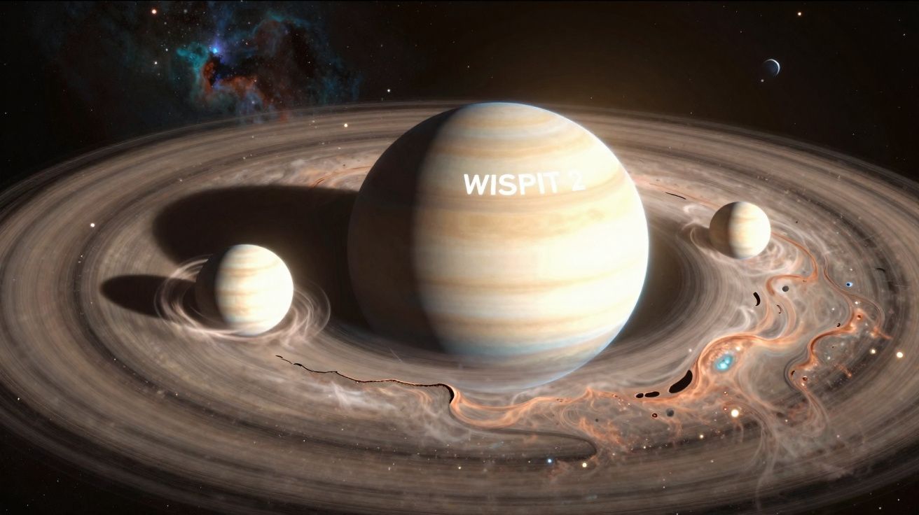 Planeta gigante com anéis e luas ao redor, em espaço cósmico estrelado.