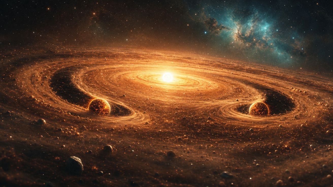 Imagem artística do sistema solar com sol brilhante no centro e planetas orbitando em discos de poeira cósmica.