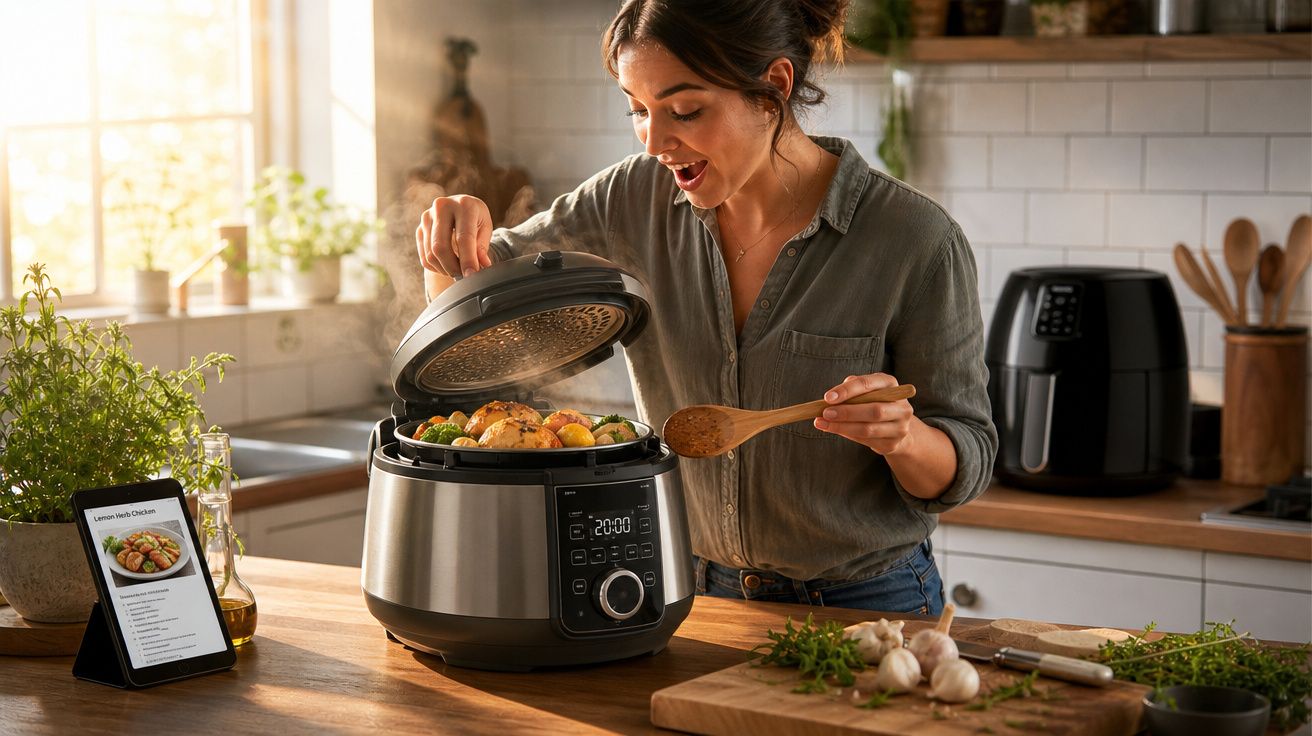 Mulher abrindo panela elétrica para ver frango assado com legumes na cozinha iluminada.