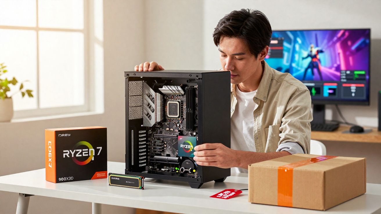 Jovem montando computador com processador Ryzen 7 e placa M.2 em mesa branca iluminada próximo a janela.