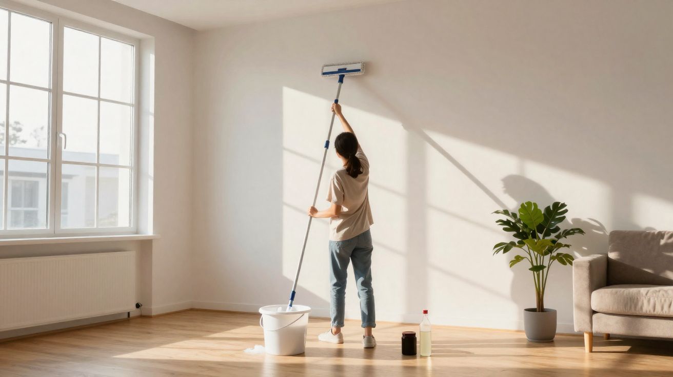 Pessoa limpa parede branca com esfregão em sala iluminada com sofá cinza e planta verde.