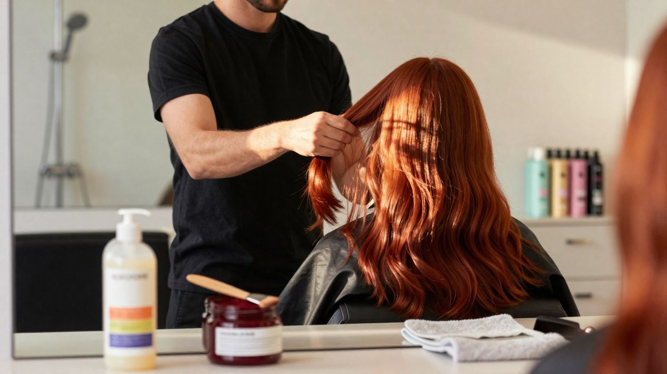 Profissional arrumando o cabelo ruivo ondulado de cliente sentada em salão de beleza.