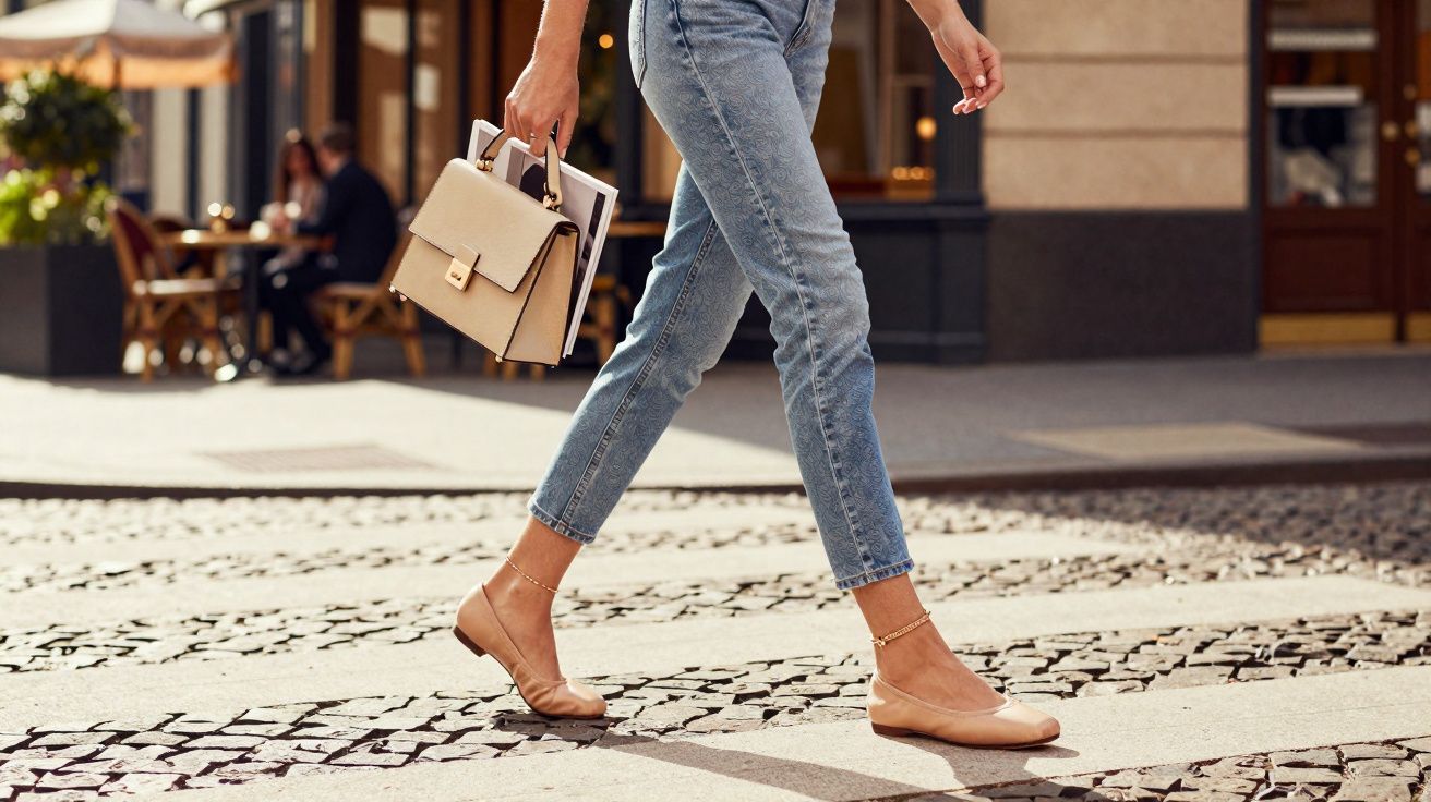 Pessoa caminhando em rua de paralelepípedo com calça jeans, sapatilhas bege e bolsa creme na mão.