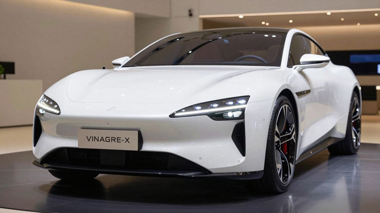 Carro esportivo branco elétrico Vinagre-X exibido em salão interno com iluminação moderna.