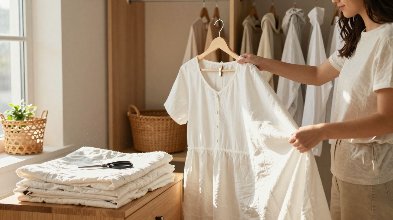 Mulher segurando vestido branco em cabide em ambiente claro com roupas e cestos ao fundo.