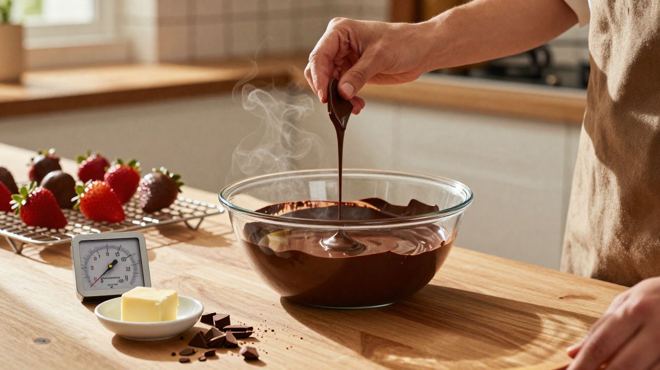 Pessoa mexendo chocolate derretido em uma tigela de vidro, com morangos cobertos de chocolate e manteiga à parte.