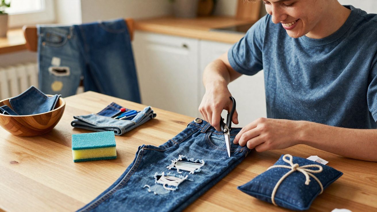 Pessoa cortando detalhes rasgados em calça jeans azul sobre mesa de madeira.