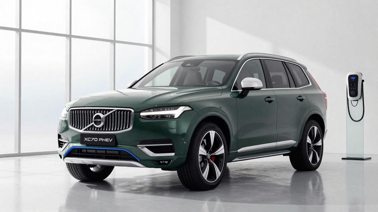 Carro SUV Volvo XC70 PHEV verde estacionado em ambiente interno próximo a estação de carregamento elétrico.