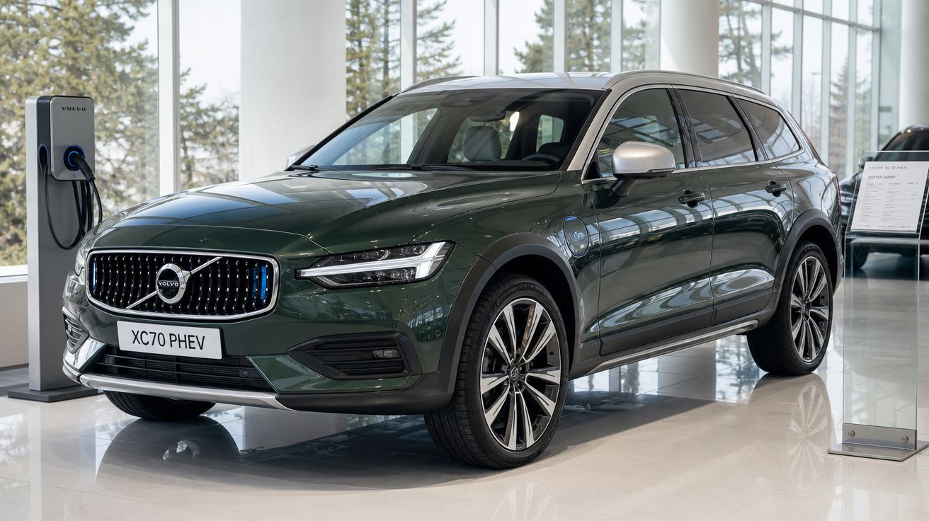 Carro SUV Volvo XC70 PHEV verde escuro plugado em estação de carregamento elétrica em showroom.