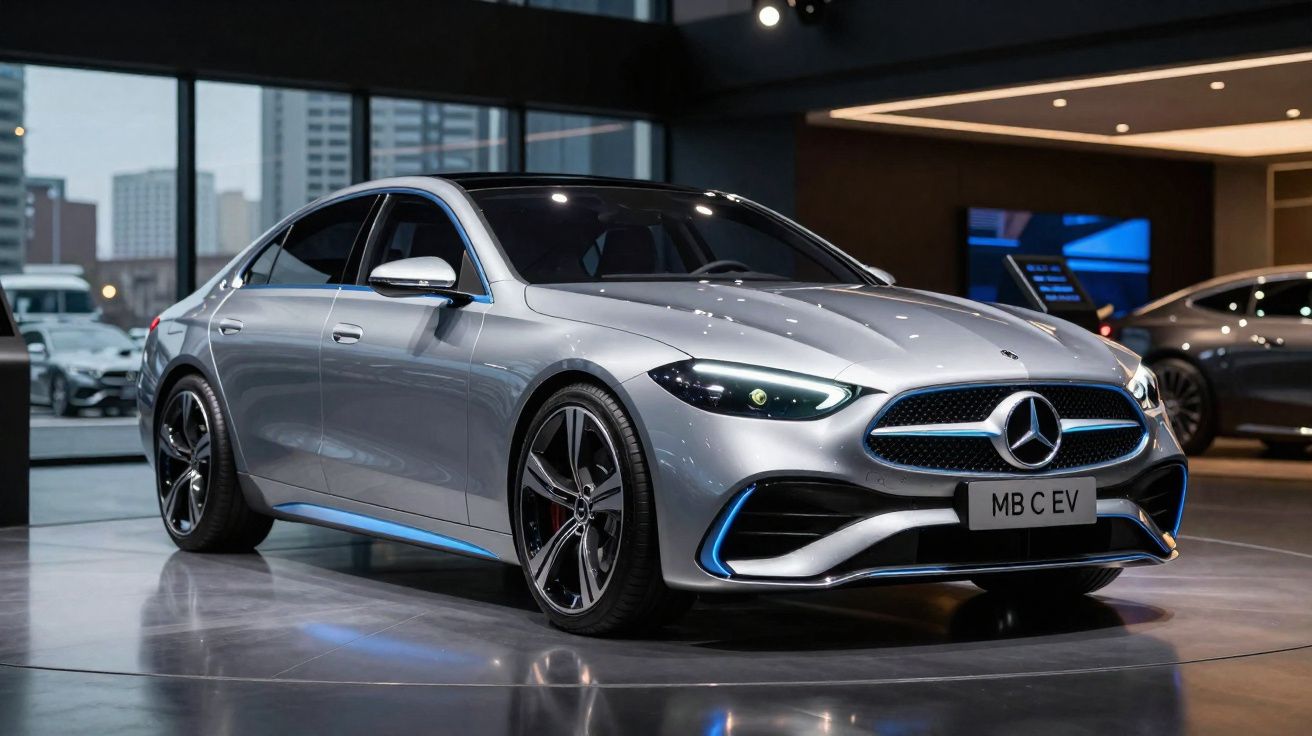 Carro elétrico Mercedes-Benz modelo prata exibido em ambiente interno moderno com iluminação destacada.