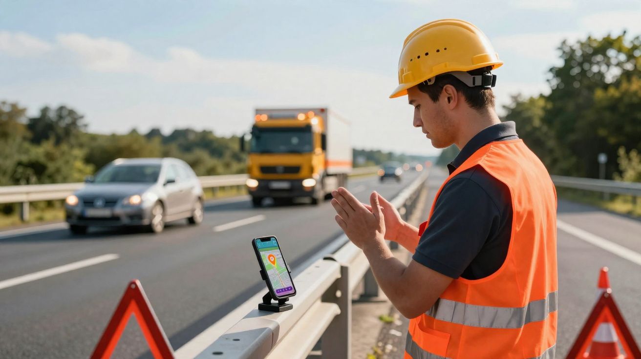 Trabalhador com capacete e colete reflete ao lado de celular com mapa em estrada movimentada.