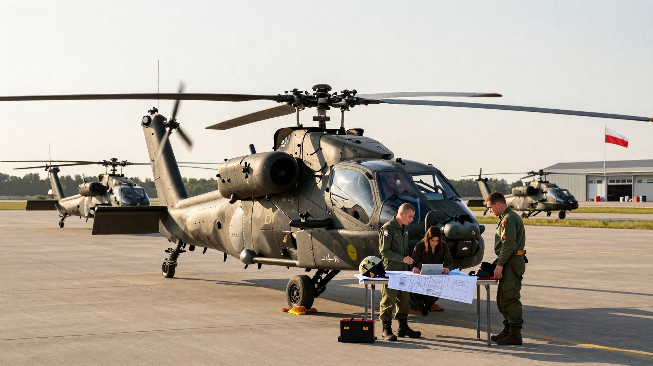Helicópteros militares em base aérea com três militares analisando documentos em mesa ao lado de um helicóptero.
