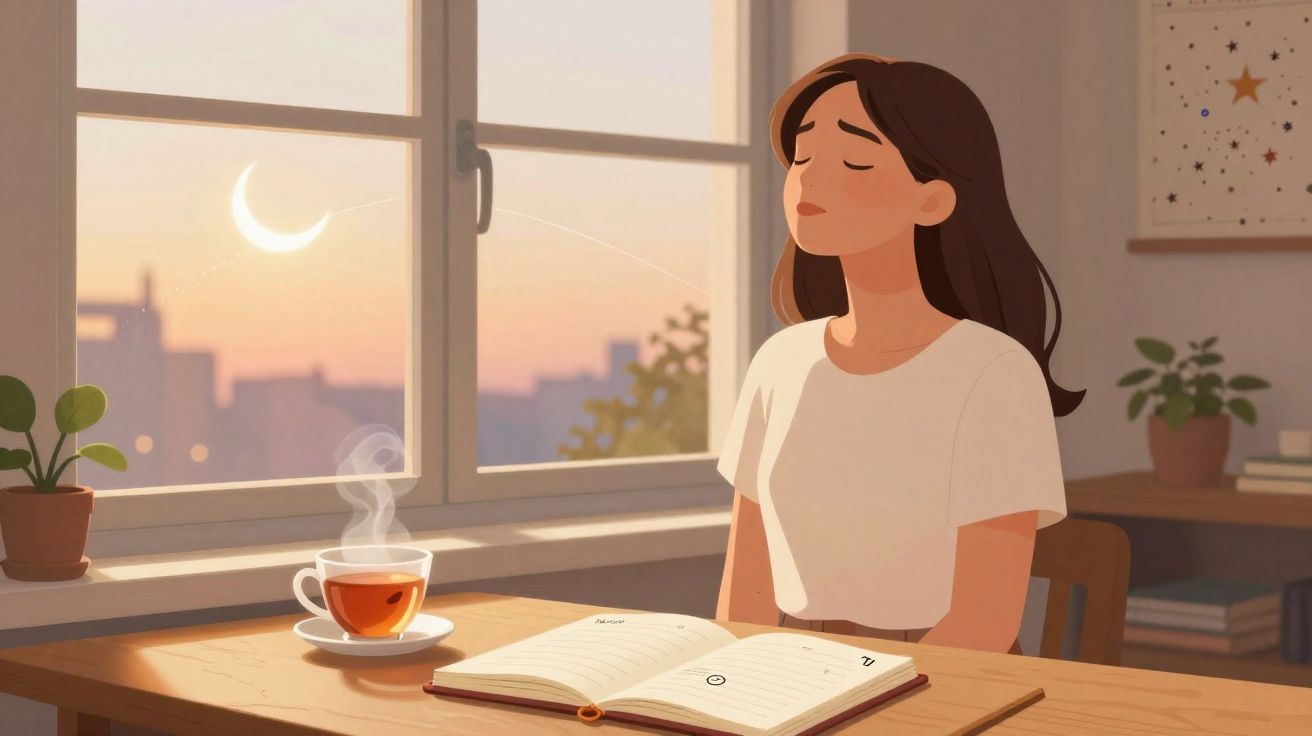 Mulher sentada em mesa com livro aberto e xícara de chá quente perto da janela ao entardecer.