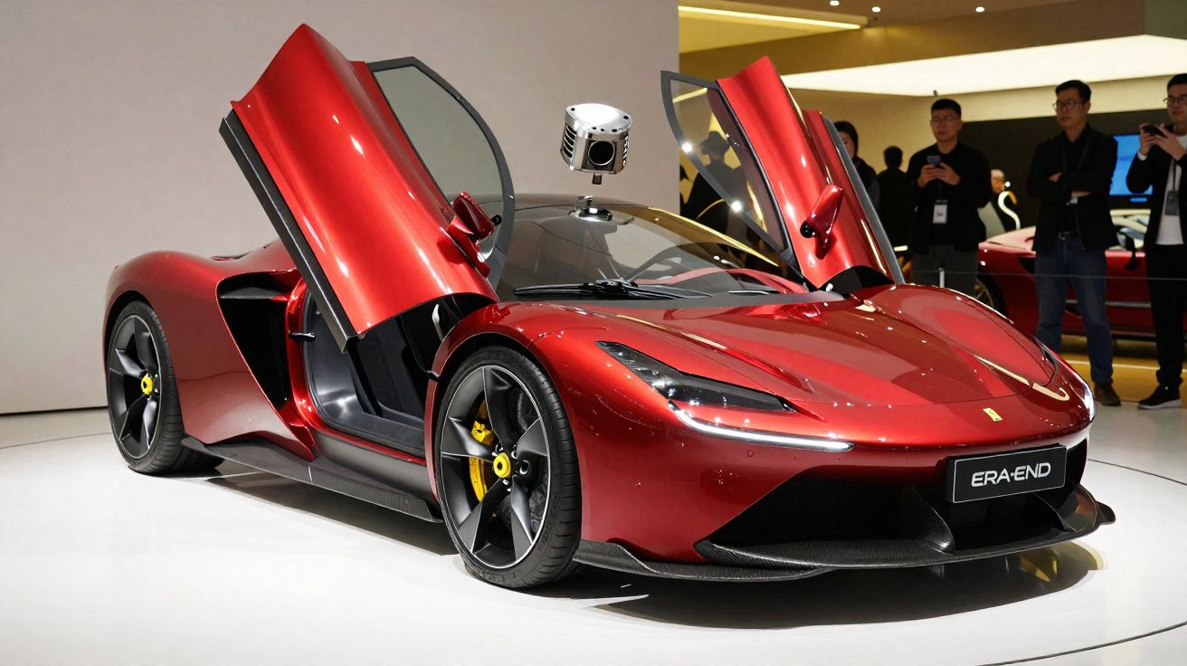 Carro esportivo vermelho com portas em asa de gaivota aberto em exposição com pessoas ao fundo.