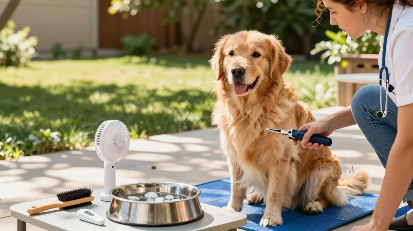 Veterinária correndo as unhas de um golden retriever ao ar livre com utensílios de cuidado ao lado.