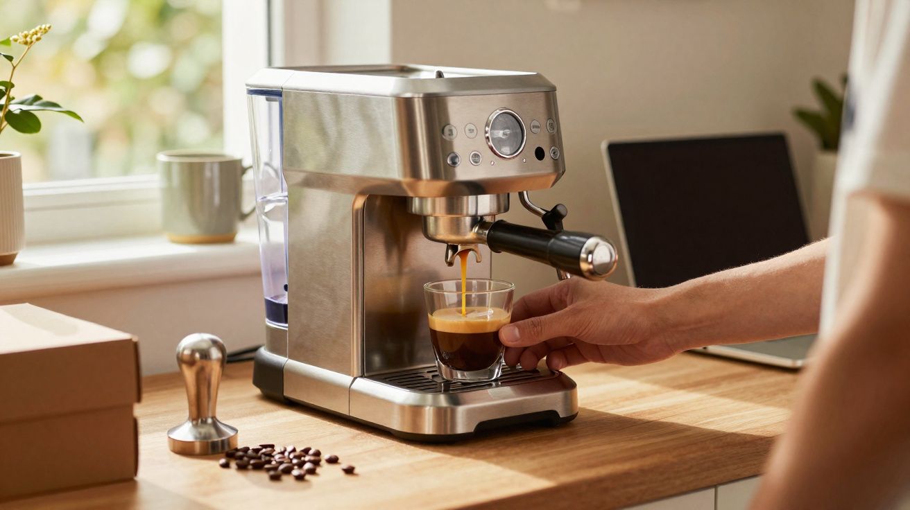 Pessoa preparando café expresso na máquina inox em bancada de cozinha iluminada pela luz natural.
